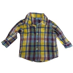 Place Button Up Shirt Top Long Sleeves Collar Yellow Blue Plaid Baby 9-12 Months